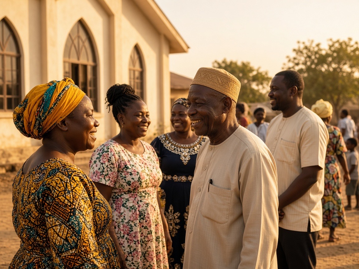Church members greeting each other after a service
