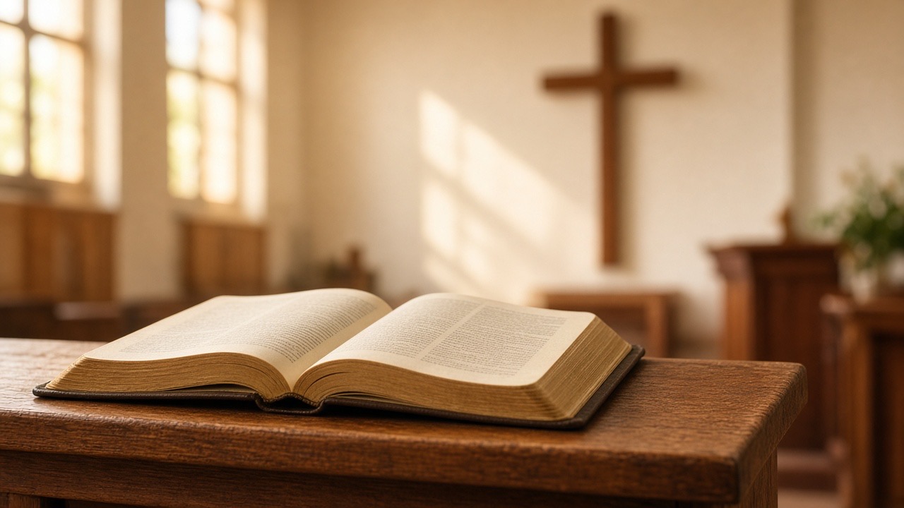 Open Bible on sanctuary pulpit for worship presentation